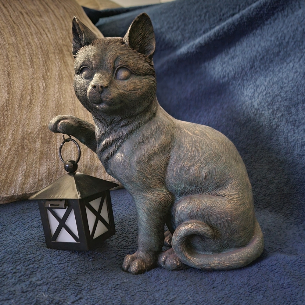 Cat Statue with Lantern Home Decor